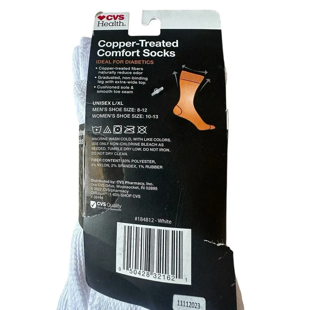 3 Pairs CVS Health Copper Treated Comfort Socks Unisex L/XL Adult White Crew